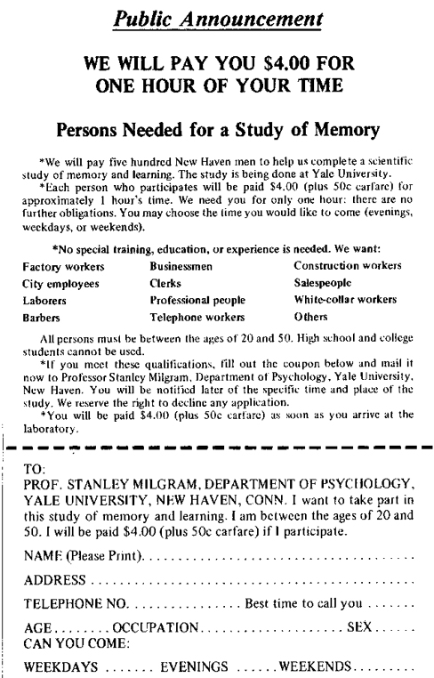 An advertisement reads to recruit research participants for a scientific study of memory and learning. It advertises $4 for 1 hour of time.