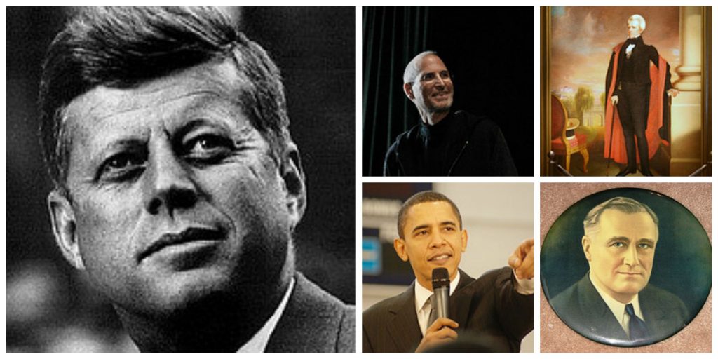 From left: John F. Kennedy, Steve Jobs, Andrew Jackson, Franklin Delano Roosevelt, Barack Obama