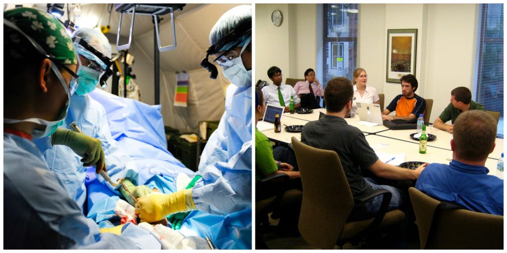Photo on the left shows three people in the middle of an operation. The photo on the right shows peole seated around a conference room table.