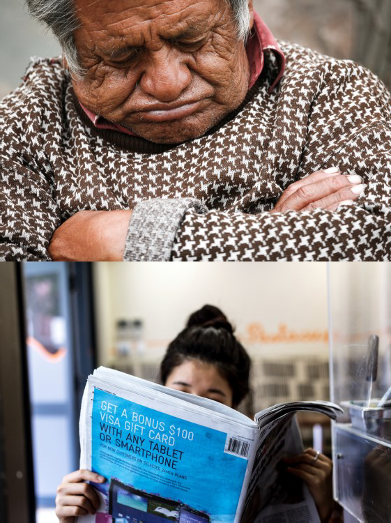 image of man sleeping, woman reading a newspaper,