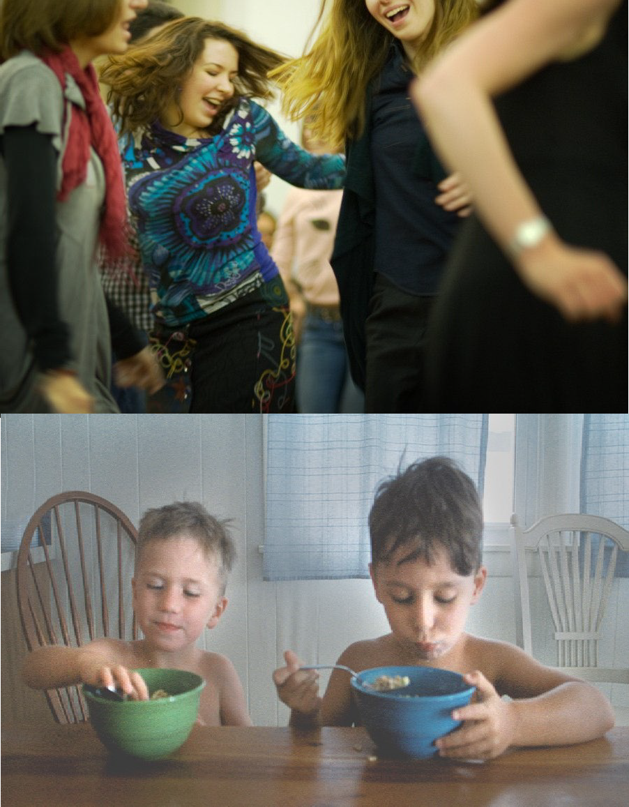 image of women dancing and two children eating cereal