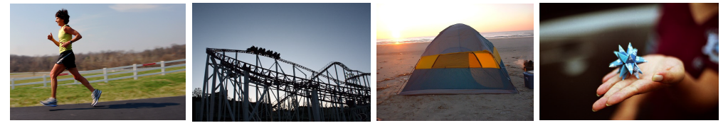 image of woman running, a roller coaster, a tent on a beach, and a piece of origami in an outstretched palm.