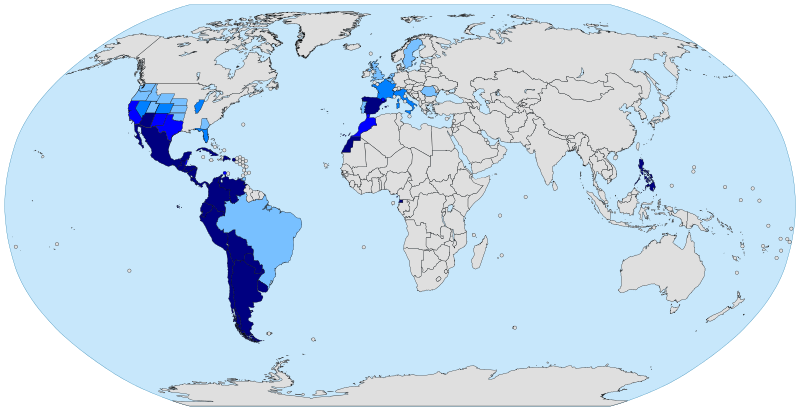 A world map with all the shades of blue over the areas that speak Spanish.