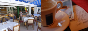 Two photos side by side. the left one is of a restaurant and the right one of a coffee cup, 20 euro notes, and a receipt.