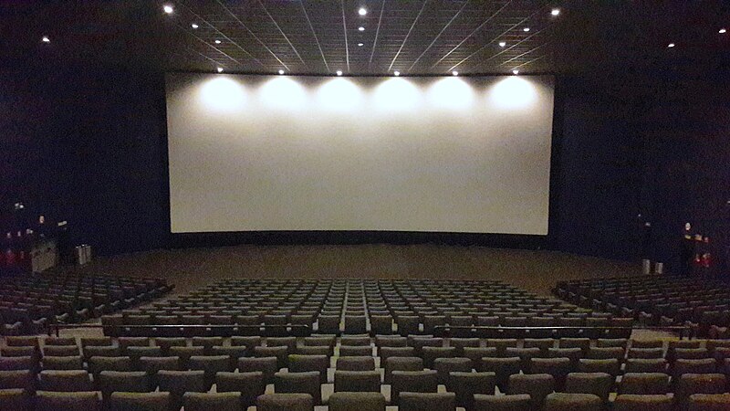 Inside a movie theater looking towards the screen