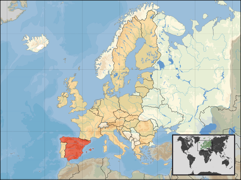 Map of Western Europe with Spain highlighted