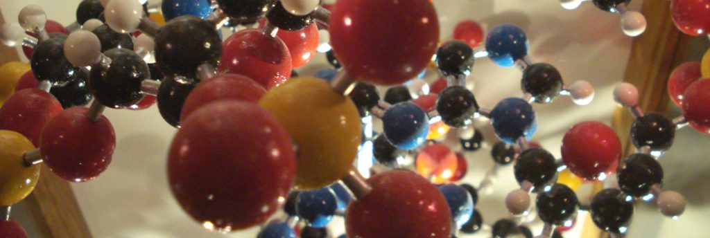 A molecular model shows hundreds of atoms, represented by yellow, red, black, blue and white balls, connected together by rods to form a molecule. The molecule has a complex but very specific three-dimensional structure with rings and branches.