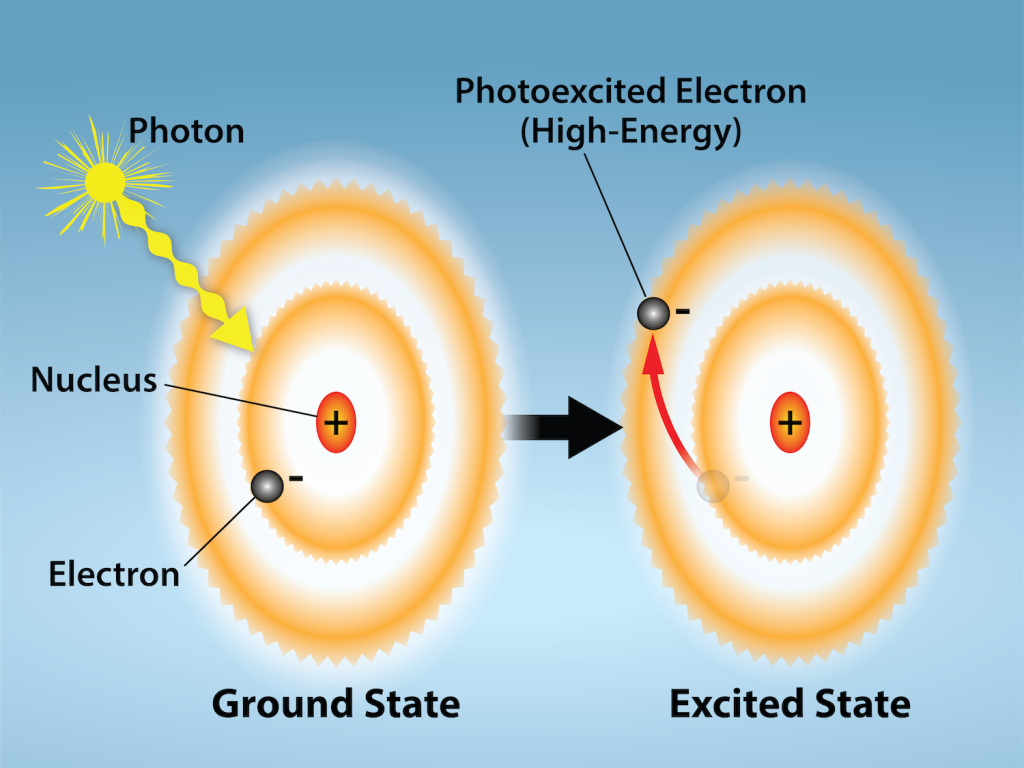 A ground state atom is depicted with an electron in an inner shell. A photon is pictured hitting the atom. The result is pictured as an excited state atom. The electron has moved to an outer shell.