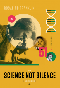 Rosalind Franklin using a microscope, one of her raw data of the DNA structure shown as photo 51, a schematic of DNA and a portrait of Rosalind Franklin are displayed.