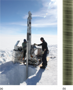 In the first image, a group of scientists uses a drill to extract an ice core in a polar environment. In the second, an ice core is displayed, showing air bubbles trapped within.