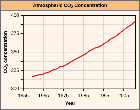 Atmospheric carbon dioxide concentration on a graph from that shows from year 1955 to 2005 carbon dioxide concentration rises highly from 320 to 375.