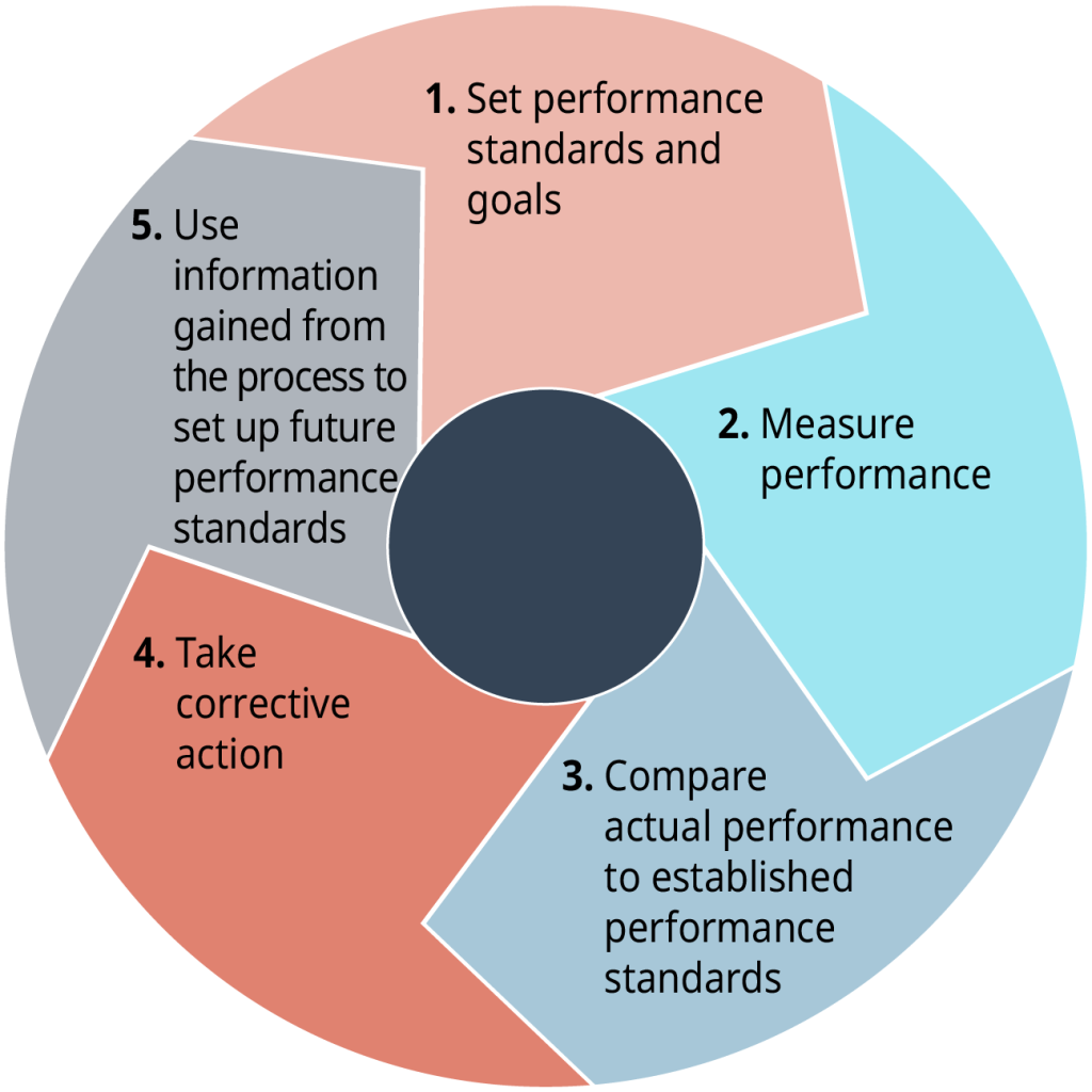 Each stage flows into the next. Stage 1 says, set performance standards and goals. Stage 2 says, measure performance. Stage 3 says, compare actual performance to established performance standards. Stage 4 says, take corrective action. Stage 5 says, use information gained from the process to set up future performance standards.