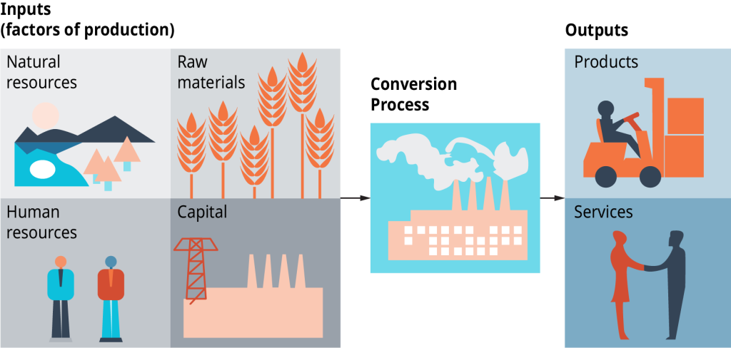 Diagram shows the inputs, which are factors of production, as natural resources, human resources, raw materials, and capital. A conversion process takes place, and the outputs are products and services.