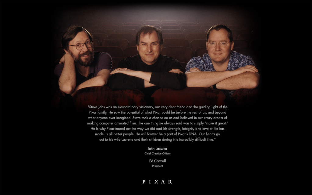 Photo of John Lasseter, Steve Jobs, and Ed Catmull in the theatre