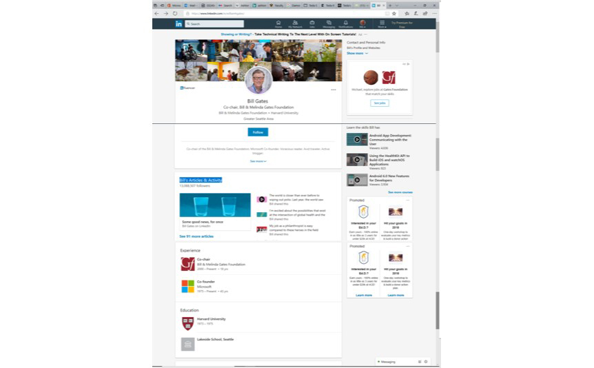 A photograph shows Bill Gates' LinkedIn profile page.