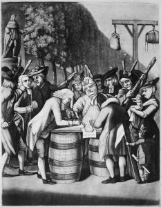 Cartoon showing colonists signing the articles of confederacy in the background tar, feathers, and other symbols of violence