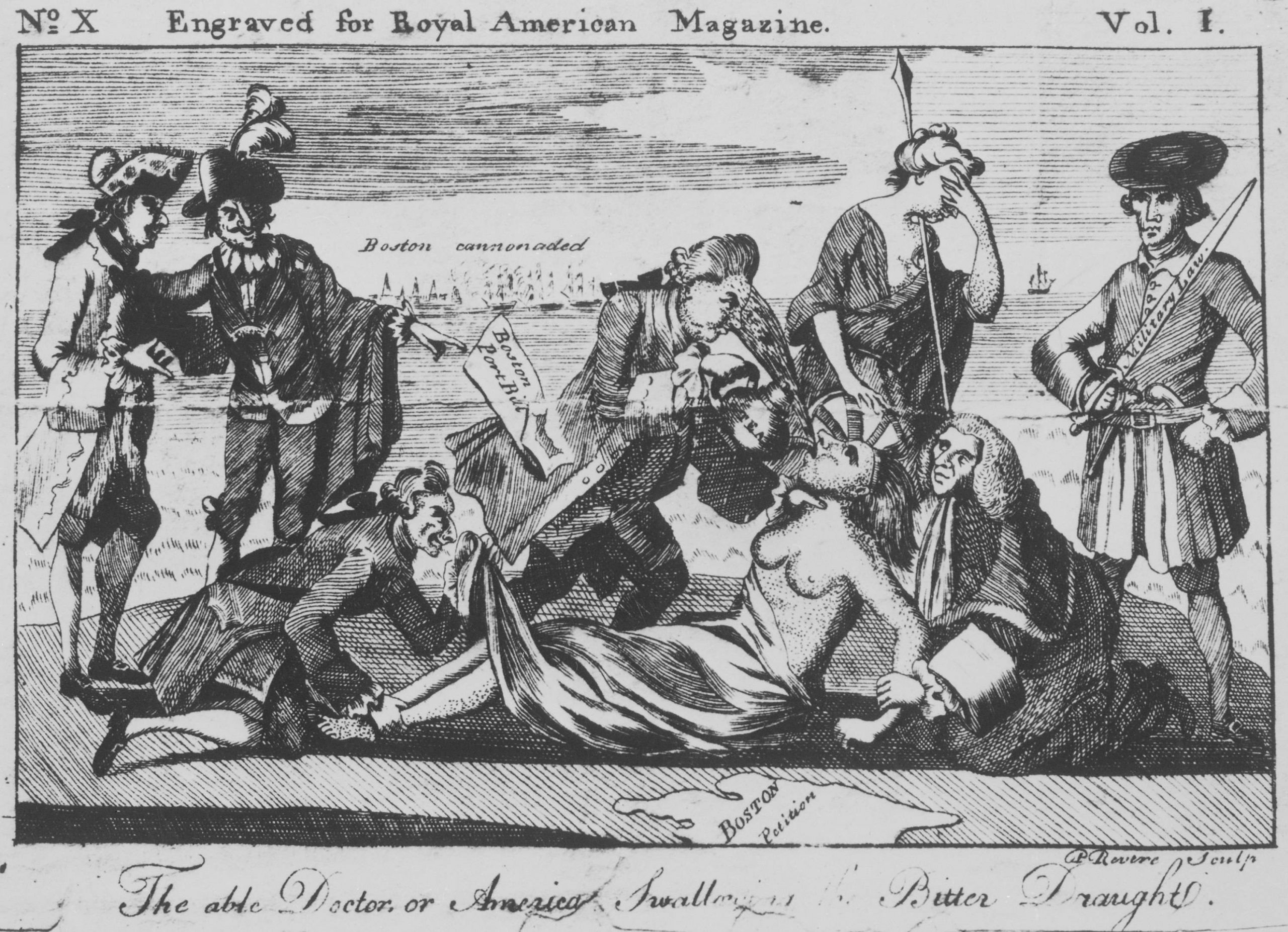 A political cartoon which depicts tea being force fed to America and enforced by military law