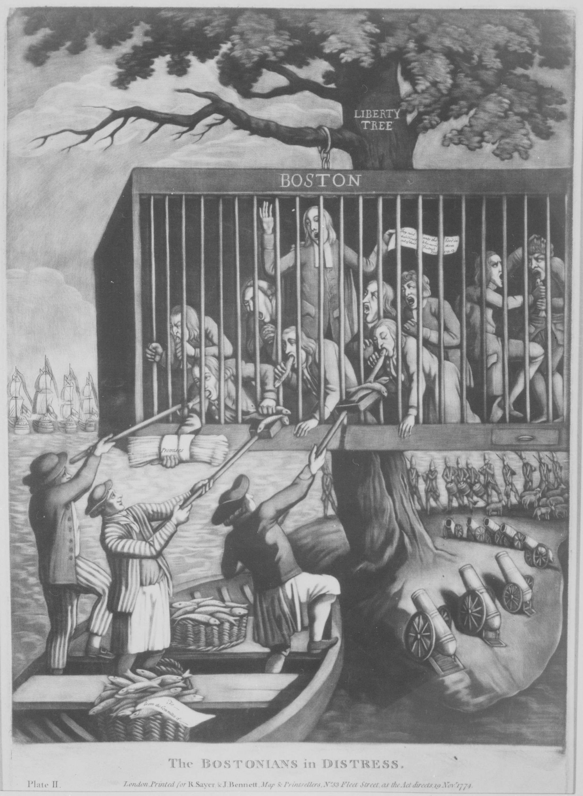 A political cartoon showing bostonians caged and tied to the liberty tree