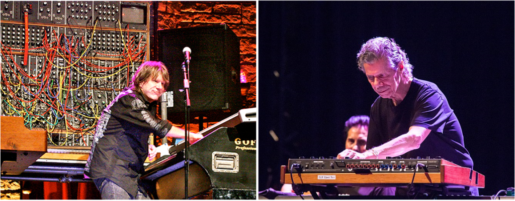 Keith Emerson on the left playing the piano and Chick Corea playing an instrument on the right