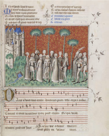 Page from a manuscript of Guillaume de Machaut’s verse novel Le remède de fortune showing an outdoors dancing scene above music notations