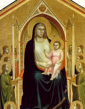 This painting with the Virgin Mary, or Madonna, holding the Christ Child on her lap. Saints and angels surround the Madonna on all sides.