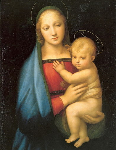 It depicts a vision appearing to saints in the clouds. In the centre of the picture the Virgin strides towards the earthly realm whilst holding the Christ Child in her arms.