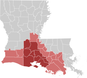 Acadiana Louisiana region map, with the traditional 22 parishes in Southern Louisiana that belong to the Acadiana Region with the "Cajun Heartland USA" sub region in a darker shade