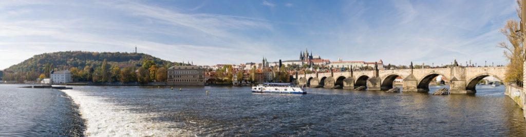 A panoramic view looking north-west across the Vltava River to Prague Castle and the Charles Bridge