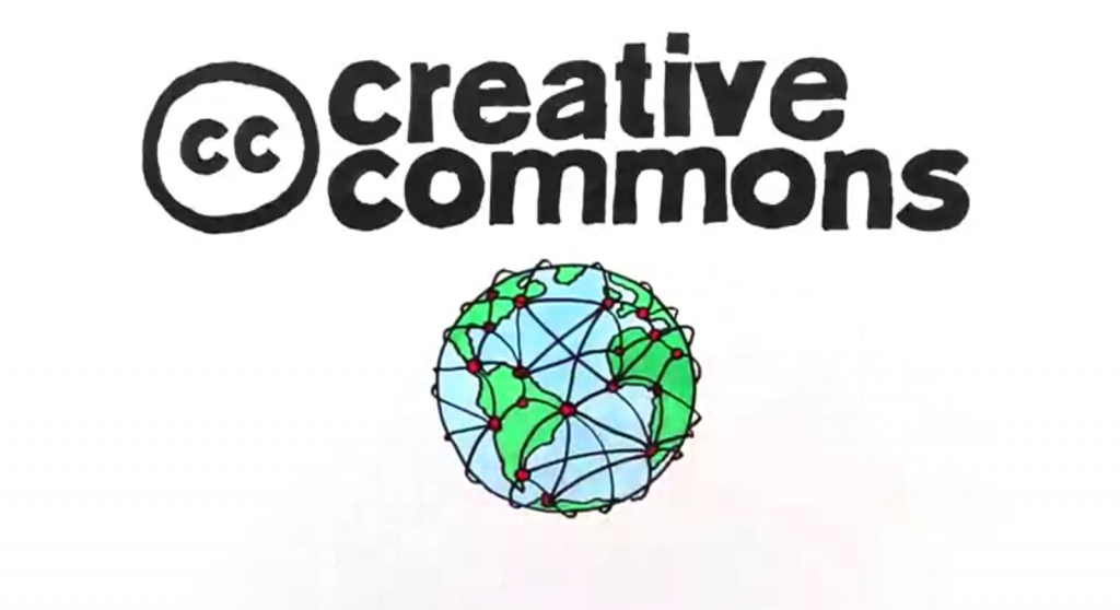 a hand-drawn logo and words "creative commons" with a globe underneath that is covered in connected dots