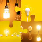four photographs of lightbulbs in jigsaw puzzle shapes linked together