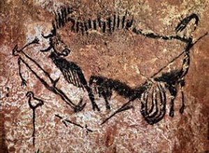 Cave painting of Bull, Bird, and Human from Lascaux Cave