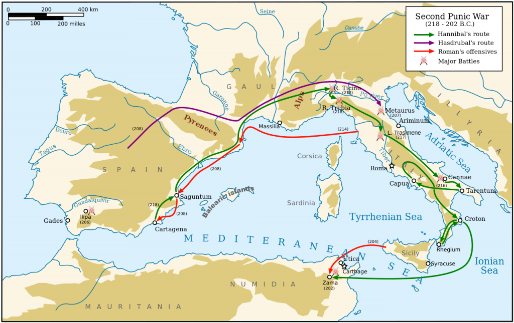 Map of major battles and invasion routes associated with the Second Punic War, including Hannibal's, Hasdrubal's, and Rome's offensives.