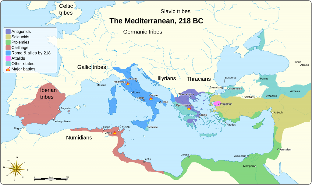 Map of the Mediterranean region in 218 BCE, including the territory of the Roman Republic, Carthage, Ptolemaic Egypt, the Seleucids, and others