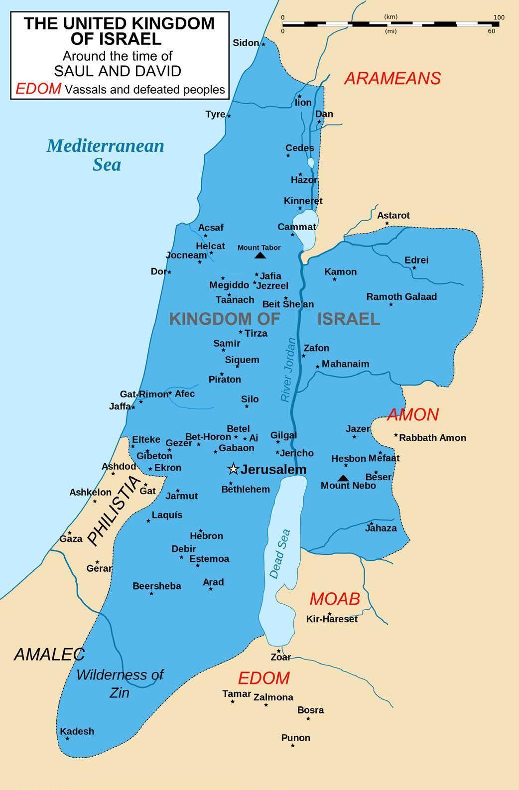 Map of The United Kingdom of Israel off the Mediterranean sea including the dead sea and Jerusalem, the capitol.