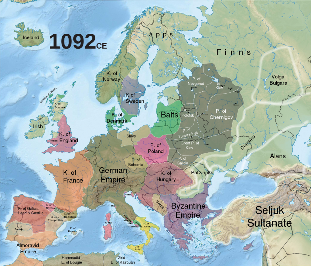 Historical map of Europe in 1092 CE