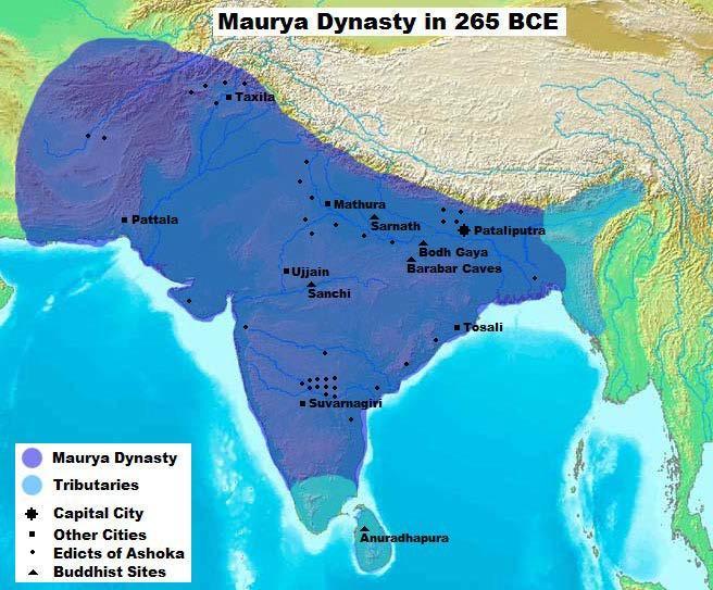 A political map of the Mauryan Empire, including notable cities, such as the capital Pataliputra