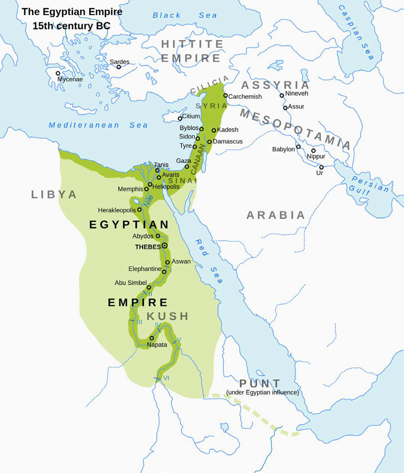 Map of Egypt during its Imperialistic New Kingdom, c. 1400 BCE spreading from Egypt up the coast of the Mediterranean sea into Syria