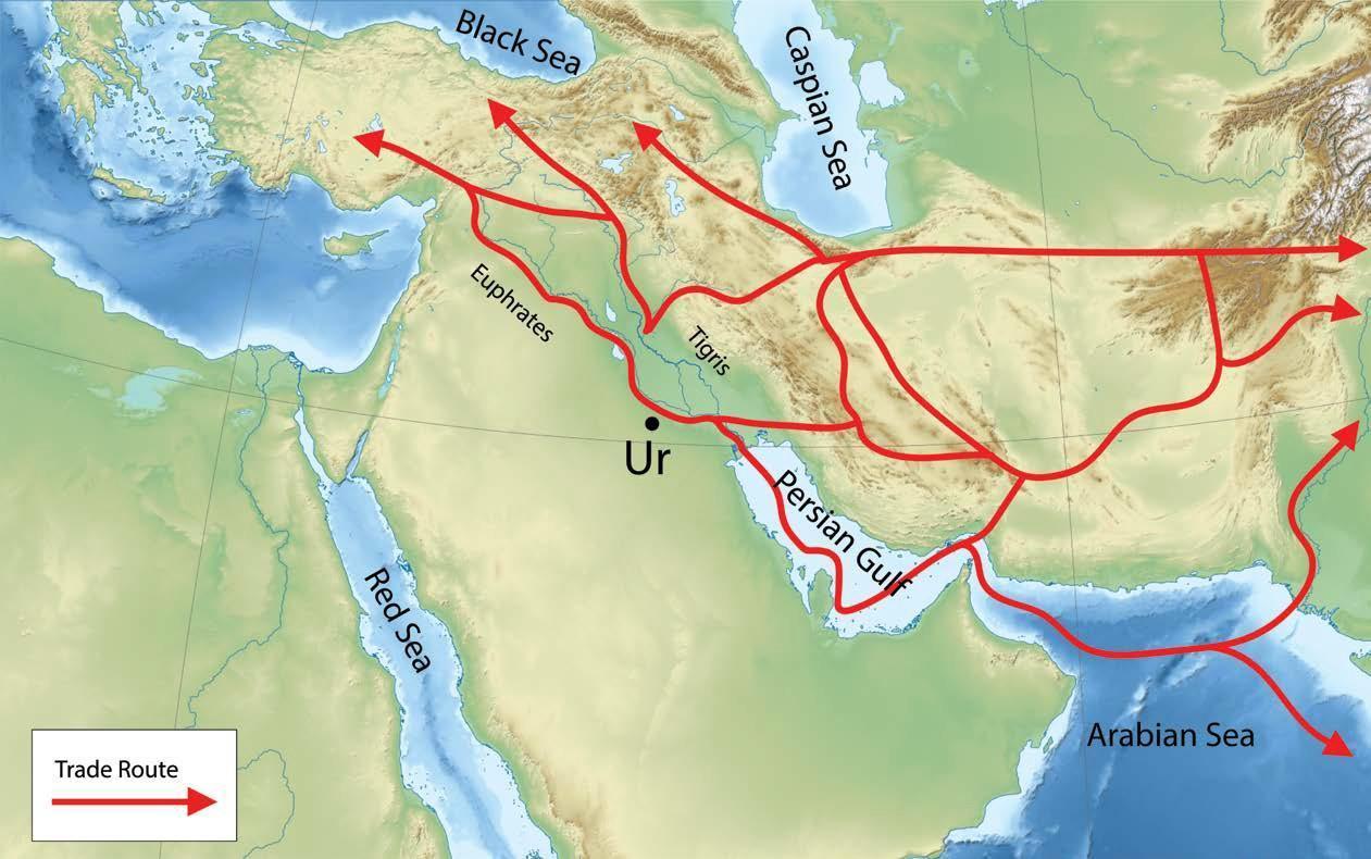 Map showing the trade routes in early Mesopotamia. In the third millennium BCE, people in Lower Mesopotamia used river routes to trade northward. They also used sea routes through the Persian Gulf, and they connected with traders to the east by crossing the Iranian Plateau