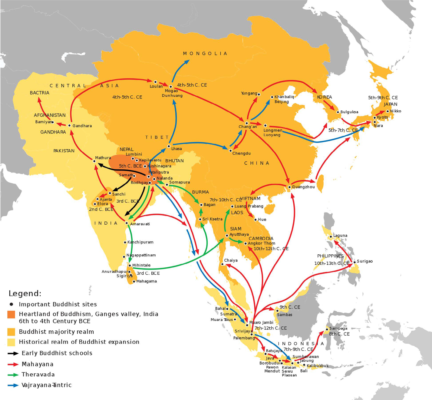 Map of the spread of Buddhism from India to other regions of Asia