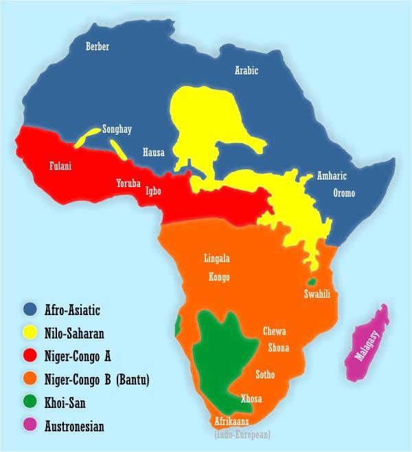 Map showing the Distribution of the Six Major Language Families in Africa