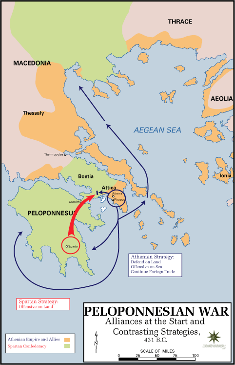 Map of the Peloponnesian War Alliances at the Start and Contrasting Strategies