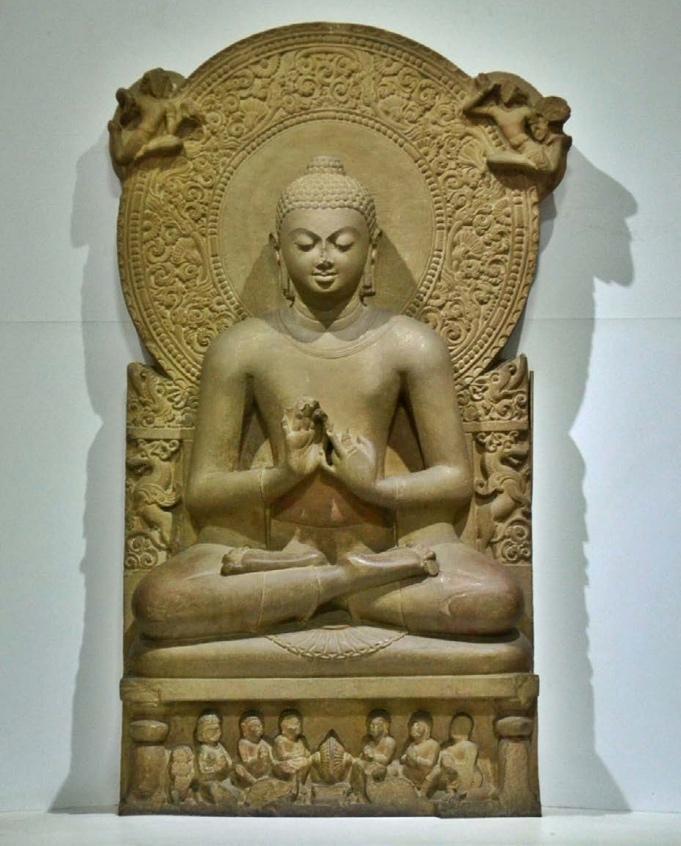 Gupta Period Buddhist sculpture (fifth century) showing the seated Buddha giving a sermon