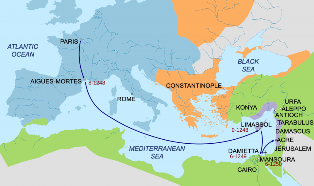 Map of the Seventh Crusade. Western Latin Christian States (Blue); Orthodox Christian States (Orange); Eastern Latin Christian States and Armenian Kingdom of Cilicia (Violet); Muslim World (Green)