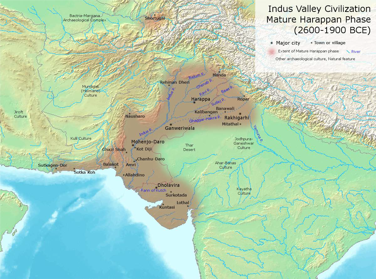Map of important Indus Valley (Harappan) Civilization cities and towns during its most developed period