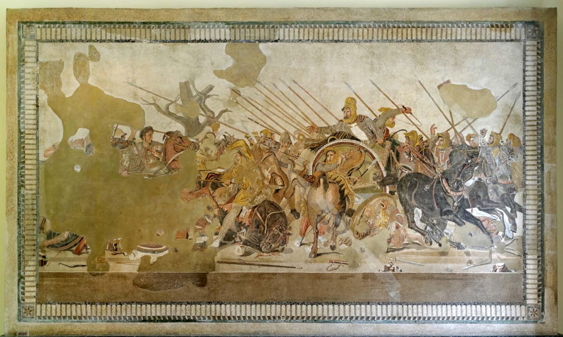 Alexander fighting Darius in the Battle of Issus (333 BCE). Mosaic from the House of the Faun, Pompeii. Note Alexander on the left side of the mosaic, fighting on horseback, while Darius, almost at the middle, charges in a chariot.