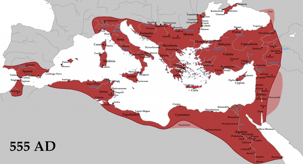 Map of The Eastern Roman Empire (red) and its vassals (pink) in 555 AD during the reign of Justinian I