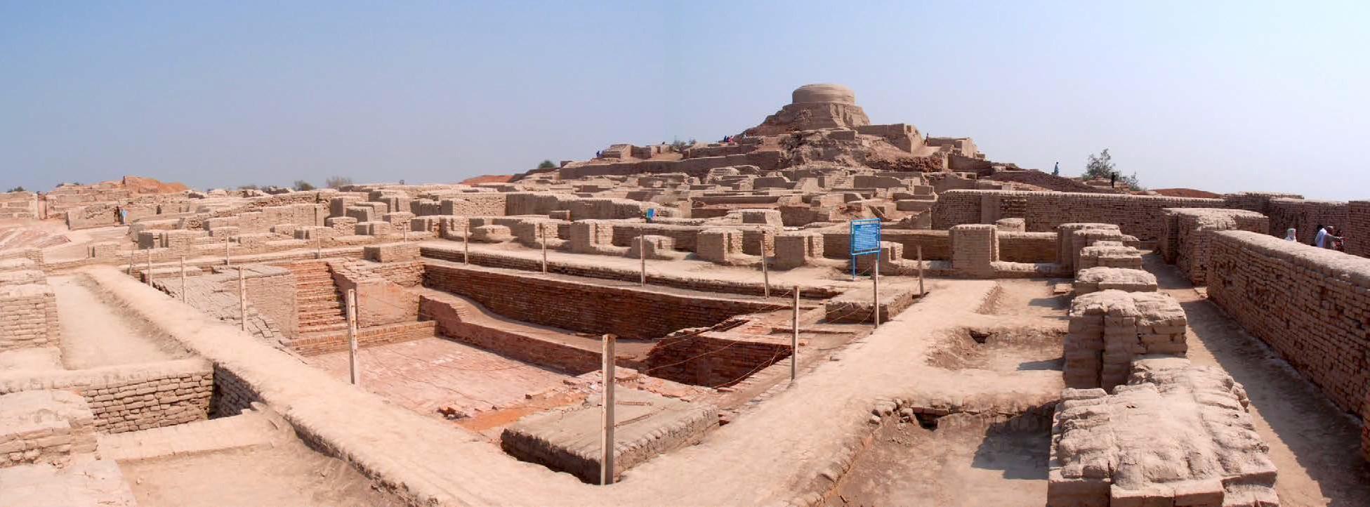 Panoramic view of the stupa mound and great bath in Mohenjo-Daro