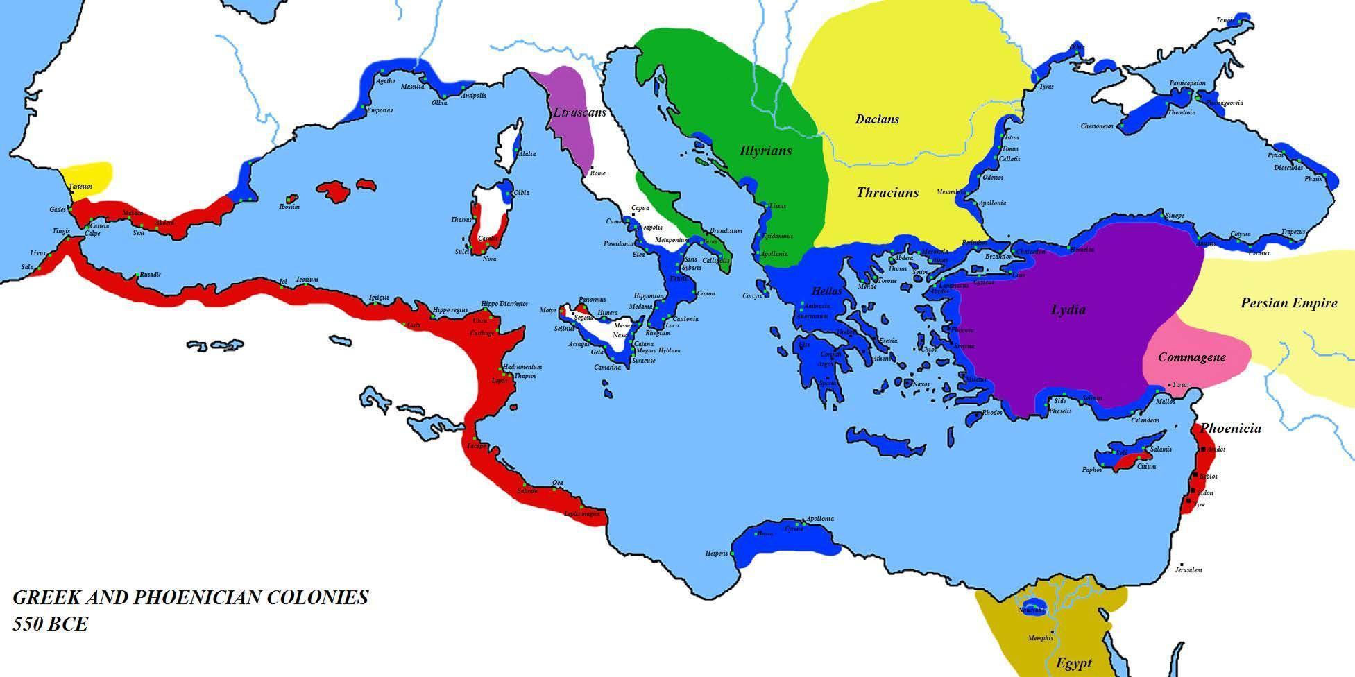 Map of the Greek (blue areas) and Phoenician city-states and colonies (red areas) c. 550 BCE