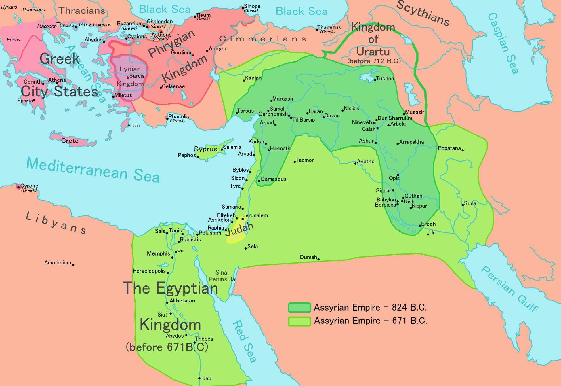 Map showing The Assyrian Empire at its height which expands from Egypt to the Persian gulf up the Mediterranean sea and towards the Black Sea