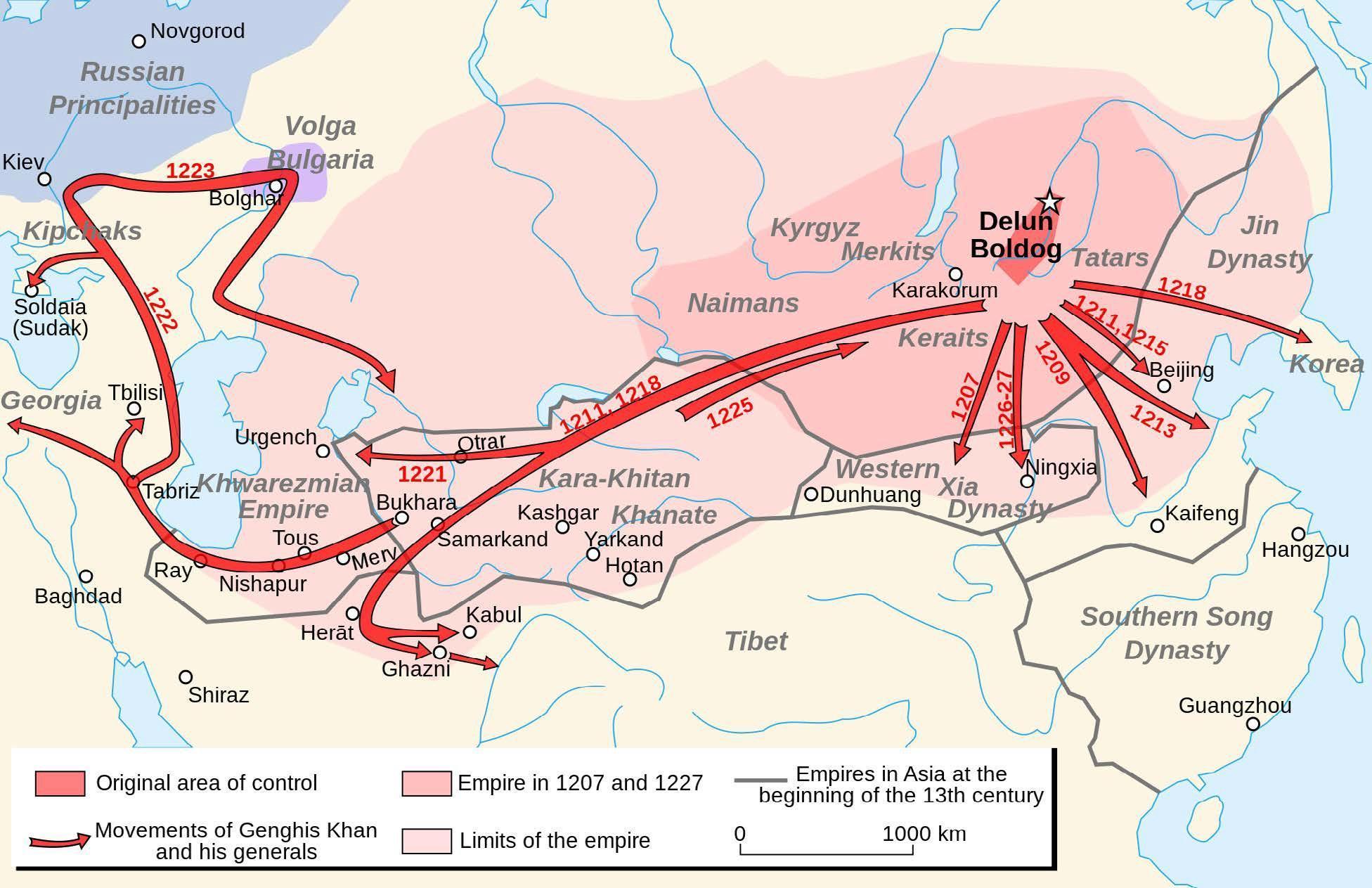 Map of Mongol Conquests Under Genghis Khan